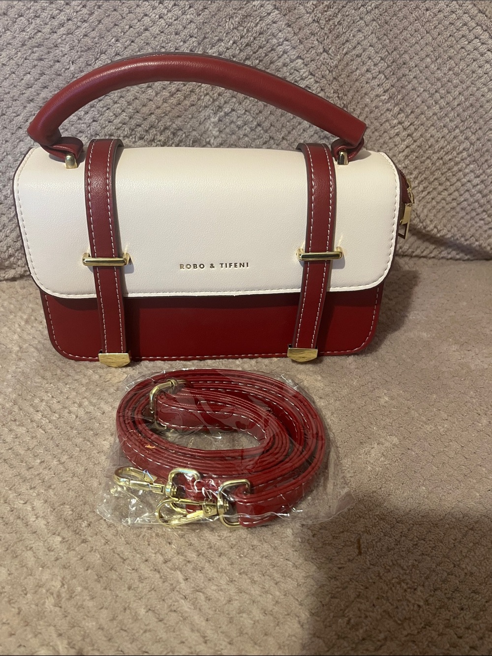 Robo Tifeni Red and White Structured Top-Handle Satchel New Without Tags